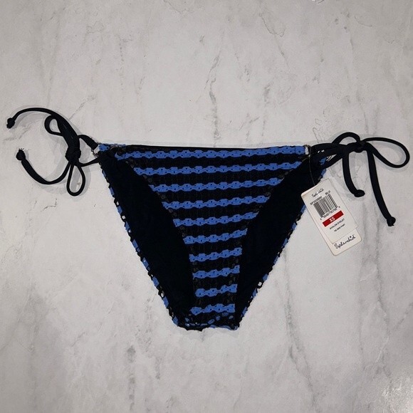 Splendid Avalon Eyelet Crochet String Bikini Bottoms Blue Black Side Tie NEW NWT - Picture 1 of 7